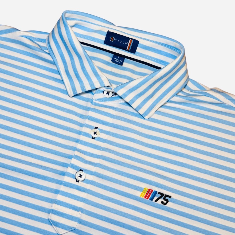 Stitch Golf NASCAR 75th‎ Anniversary Polo Shirt Mens Large Blue White Striped